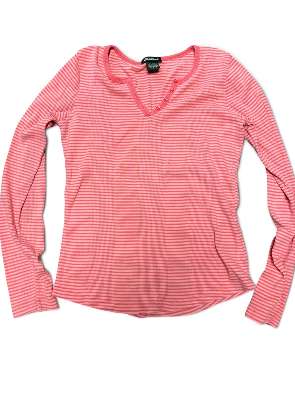 Eddie Bauer women’s size small Coral Pink Striped Long-Sleeve Henley